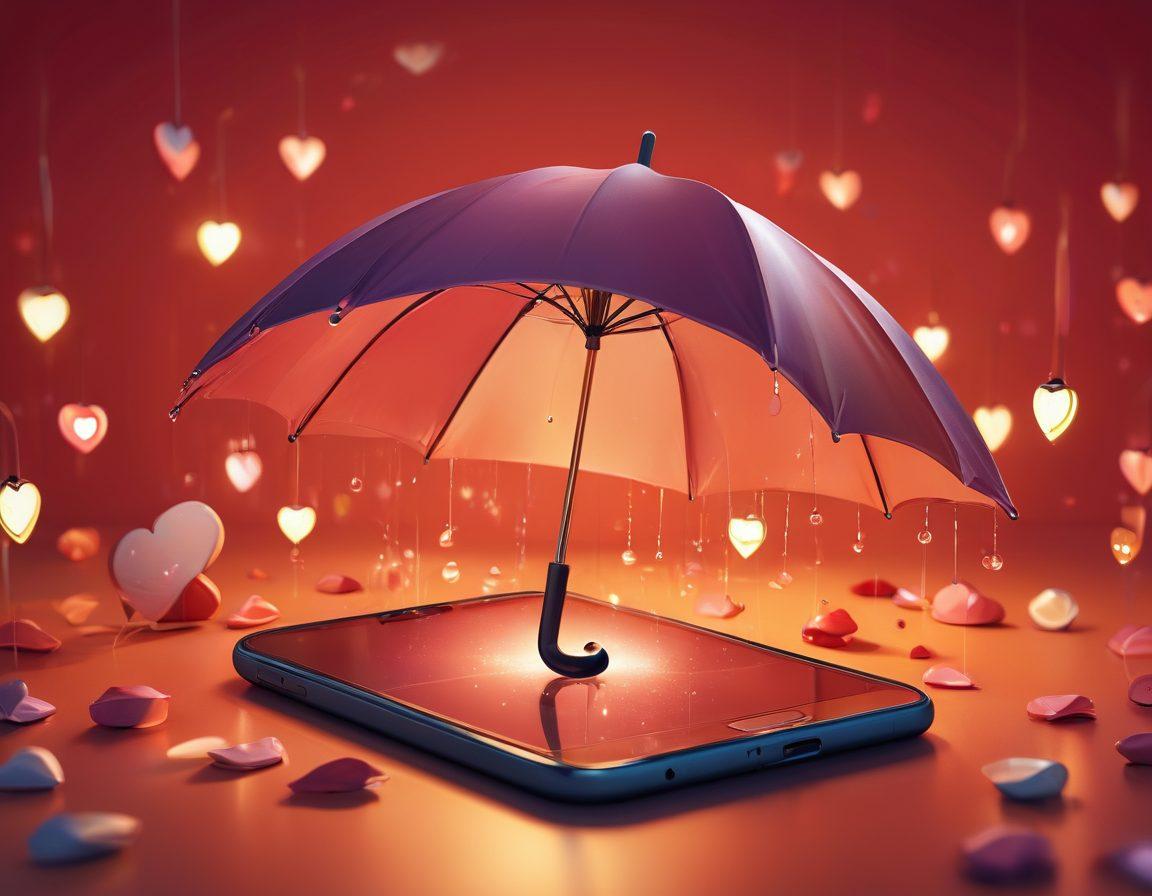 A conceptual illustration of a heart-shaped mobile device shielded by an umbrella, symbolizing love and protection. In the background, various mobile devices are secured within a cozy, warm environment, surrounded by soft glowing lights. Add playful icons representing insurance and safety, such as a lock, shield, and heart. The color palette should be warm and inviting, evoking feelings of security and trust. vector art. vibrant colors.