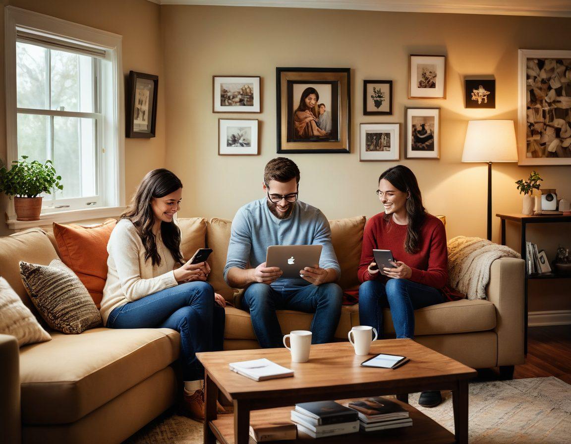 A cozy living room scene with a couple lovingly interacting with various electronic devices like smartphones, tablets, and laptops. Each device displays protective symbols such as shields and padlocks symbolizing insurance and security. The warmth of home is accentuated by soft lighting and personal touches like family photos, creating an inviting atmosphere. The couple is smiling, showcasing a sense of trust and security in their devices. super-realistic. warm colors. cozy setting.