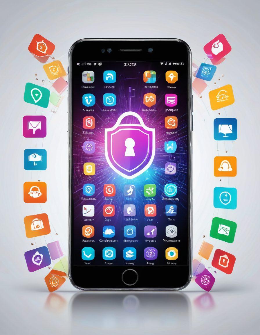 A smartphone surrounded by a shield, symbolizing protection, with various icons representing software and hardware security measures floating around it. The background features a glowing digital lock and a keypad for unlocking solutions, infused with elements of technology and security. Bright and engaging colors to attract attention. super-realistic. vibrant colors. white background.